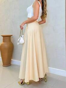 Women's Long Round Skirt Tailoring Evangelical Fashion Casual Basic Winter High Waist Elegant - 卡其色 - 查看 3