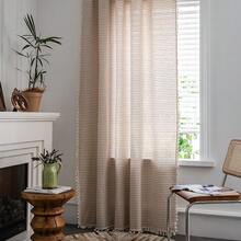 Boho Curtain 84 Inches Length, Beige Stripes Print Curtain With Handmade Tassels, Rod Pocket Window Treatment Vintage Rustic Bohemian Farmhouse Drape For Bedroom 1 Panel 59" W X 84" L - 米色條紋59寬x84公升1包 - 查看 1