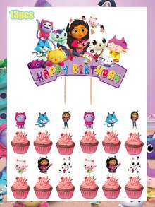 Gabby's Dollhouse Gabby's Dollhouse Cake Sign Birthday Decoration Plugin, Creative Dessert Table Arrangement, Birthday, Christmas, Halloween And Thanksgiving Party Supplies, Ins-Style Photo Props, Disposable Cake Sign.