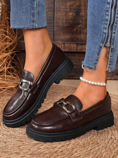 女士秋冬时尚乐福鞋，厚底一脚蹬休闲鞋，装饰扣室内/室外平底鞋，四季皆宜