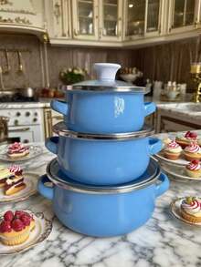 3pcs Enamel Cookware Set - Multifunctional Lightweight Cookware With Glass Lids, Suitable For Soup, Stew And Cooking - Kitchen Essentials For Home And Restaurant Use