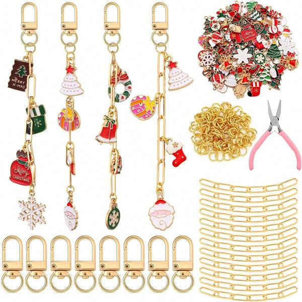 110/55pcs Christmas DIY Keychain Making Kit, Includes Alloy Charms Like Christmas Tree, Santa Claus, Snowflake, With Keychain Clips, Jump Rings And Keychain Pliers, Suitable For Women, Great Gift Idea