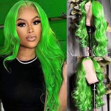 13X4 Free Part Black Green Highlights Body Wave Lace Front Wigs Pre Plucked Soft Long Wavy Hair Wigs Heat Resistant Wave Wigs Glueless Christmas Wig Long Wavy Synthetic Lace Front Wigs For Women Perfect For Daily Wear & Parties - màu xanh lá - Xem 1