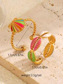 2 件套不锈钢彩色珐琅纹理鱼骨开口戒指套装，适合日常沙滩佩戴 - 彩色 - 查看 7