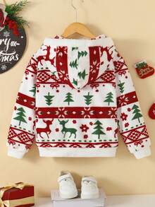 女童毛绒外套2025流行时尚双面绒圣诞树红绿可爱鹿图案拉链连帽长袖外套秋冬 - 白色 - 查看 5