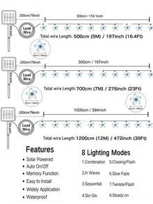 1 件太阳能花园花灯串 20/50/100LED 5M 7M 12M 暖白色户外防水仙女灯，带 8 种照明模式，适用于草坪、花园、庭院、小路、露台和阳台装饰秋季装饰家居装饰户外装饰情人节装饰