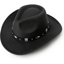 Classic Western Felt Cowboy Hat With Wide Brim For Outdoor Use - 1 Pack Style 4: Black With Belt Buckle - View 10
