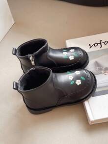 Children's Boots With Thermal Lining, Warm Short Boots, Autumn/Winter New Cute Embroidered Girls Boots, Girls Side Zipper Leather Boots