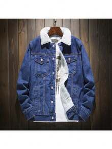 Lamb Wool Denim Cotton-Padded Men's Fleece Thickened Winter Coat Korean Version Is  And Loose - B19深藍色加絨 - 查看 3