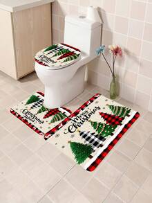 1 Stück/4 Stücke fröhliche Weihnachten bunte Weihnachtsbaum Muster multifunktionale wasserdichte Duschvorhang mit 12 Haken, rutschfeste Badezimmermatte, U-förmige Bodenmatte und runde Toilettendeckelabdeckung, Badezimmer-Set für alle Situationen