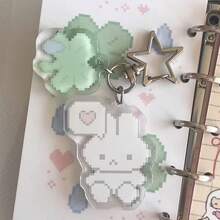 1pc Cute Cartoon Pixel Art Keychain - Kawaii Retro 8-Bit Character With Heart And Four-Leaf Clover, Light Pink And White With Black Eyes, Bunny Design, Suitable For Bags, Keys, Christmas Gift