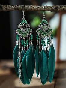 1 对波西米亚风格天然羽毛耳环（女士）