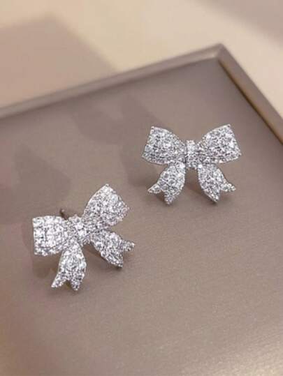 2pcs Classic Bowknot Earrings, Elegant Cubic Zirconia Earrings, Suitable For Girls, Wedding Party Accessories, Gift For Girlfriend, Friend, Daughter