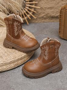 Girls' Fashion Embroidered Design Tall Chelsea Boots, Outdoor Boots, Soft & Comfortable - Brown - View 5