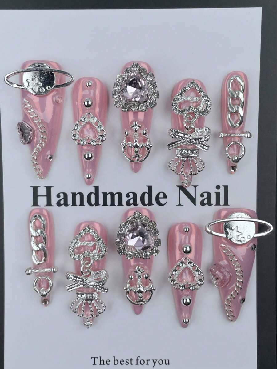 Bộ 10 móng tay giả màu hồng dễ thương mùa hè & thu, móng tay mạ crom, bộ móng acrylic dán kiểu Nhật Y2K, móng dài nhọn mạ crom, bộ móng giả thủ công phủ kín toàn bộ móng với đá và họa tiết trái tim 3D, móng giả màu hồng bóng mạ crom kiểu Punk với dây xích và lớp phủ kim loại, móng dán, thiết kế nghệ thuật móng Gothic, quà tặng ngày Valentine, quà tặng Halloween cho phụ nữ và bé gái - Hồng - Xem 1