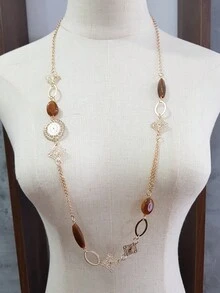 1pc Elegant Geometric Acrylic Bead Hollow Iron Plate Long Necklace, Bohemian Style, Multi-Color, Versatile For Women's Daily Wear