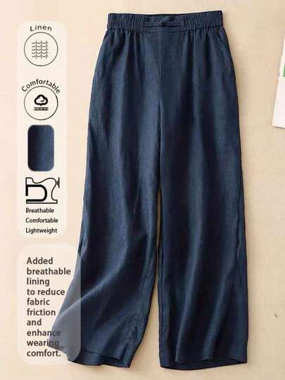 Women's Simple, Comfortable, Casual, Breathable, Elastic-Waist Linen Long Pants Designed For Spring, Summer, And Autumn. The Pants Feature Hand-Stitched Button Decorations.