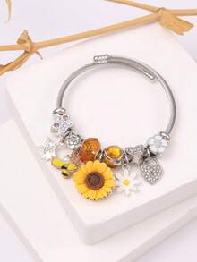 1 pieza Pulsera elegante y femenina con encanto de girasol y abeja con rhinestones - Acero inoxidable, adecuada para fiestas, bailes y decoraciones casuales