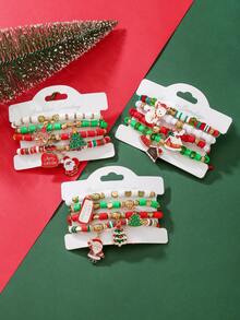 12 peças/Conjunto de Encantos com Tema de Natal incluindo Boneco de Neve, Árvore de Natal, Papai Noel, Rena, Chapéu de Papai Noel, Pingentes de Casa de Neve, Combinados com Contas de Coração de Argila Macia CCB, Conjunto de Pulseira, Adequado para Presentes de Feriado, Família, Amigos e Uso Diário