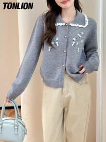 tonlion Tonlion Women's Embroidered Casual Design Turndown Collar Knit Cardigan, Autumn/Winter