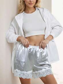 Women Y2K Satin Lace Trim Shorts Lightweight Elastic Waist Mini Shorts French Knickers Loose Sleep Shorts Slip Bottoms Pj Shorts Summer Casual Streetwear For Outside - 白色 - 查看 5