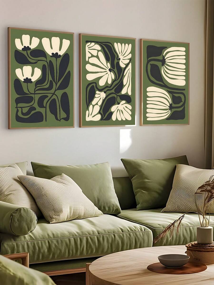 抽象绿色花卉印花三件套、中世纪现代风格、穆迪墙面艺术、马蒂斯风格花卉、鼠尾草绿色花卉艺术印花三件套、波西米亚风印花、卧室装饰、客厅装饰、办公室装饰、餐厅墙面装饰、厨房装饰、书房、走廊、宿舍装饰、浴室装饰、送给朋友的理想礼物、墙面艺术、墙面装饰、家居装饰、房间装饰、帆布墙面艺术、海报、带画框的墙面艺术、可选画框 - 彩色 - 查看 1