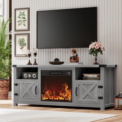 Furniwell Fireplace TV Stand With Barn Doors And Open Display Shelf, Farmhouse Media Console With Hidden Cable Routing, Entertainment Center For Televisions Up To 65+ Inch