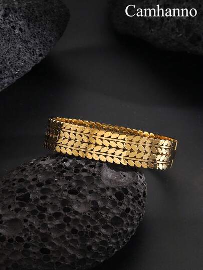 Camhanno 1pc Fashionable And Luxurious Stainless Steel Leaf Bracelet, Plated 18k And Not Easily Faded, Suitable For Women's Daily Or Special Occasions, Casual, Wedding, Party, Holiday Gifts