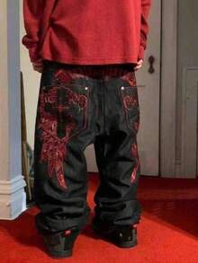 Men's Hip-Hop Retro Skull Embroidered Washed Denim Pants Y2K Jeans Gothic Straight Tube Loose Wide Leg Pants - Black - View 3