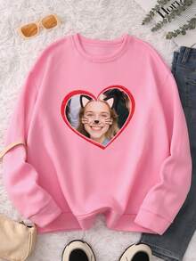 Customized Sweatshirt - Flocked Printing Personalized Design, Upload Your Own Text, Letters, Slogans, Women's Fashion Versatile Comfortable Sweatshirt, Suitable For Autumn, Winter, Spring Daily, Sports, Crew Neck, Pullover, Outdoor Casual Cute Sweatshirt