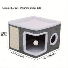 Luxury Multi-Level Cat House With Toy Tunnel, Foldable Scratching Rope And Comfort Mat - Comfortable Indoor Cat Cube Bed With Plush Hanging Ball, All-Season Enclosure, Ideal Home - Foldable