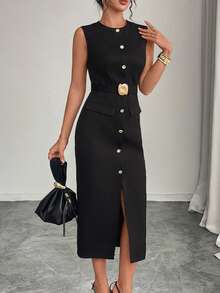 优雅中长圆领单排扣无袖口袋前开衩连衣裙，女款，春夏，纯黑色