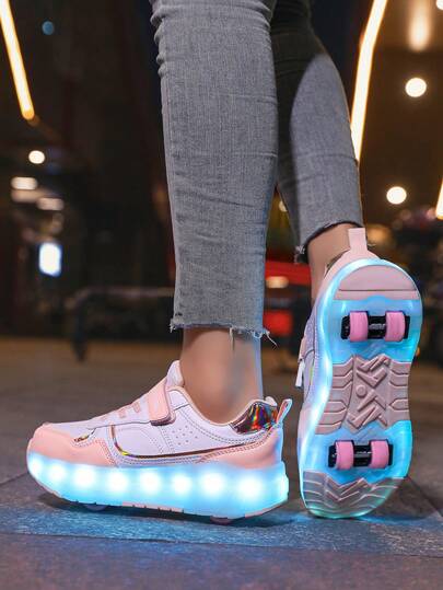 Teenagers Roller Skate Shoes, Wheeled Shoes, 4-Wheel Roller Shoes, Small 4-Wheel, Shoes, LED Rechargeable Luminous Shoes
