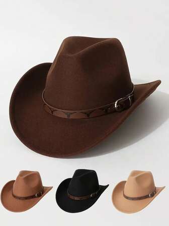 1 件时尚宽边牛仔帽，男女皆宜，搭配棕色腰带和银黑色公牛标志，配有金属扣。这是一款可调节的户外运动帽，男女通用，非常适合日常佩戴或参加各种派对场合。