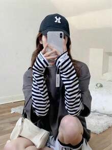 1双女士柔软条纹宽松防晒冰丝手套，驾驶/骑行/高尔夫手臂保护袖，夏季清凉 - 彩色 - 查看 5