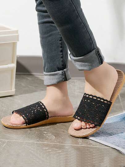 Women's New Black Lace Breathable House Slippers, Versatile Linen Slide Sandals For All Seasons