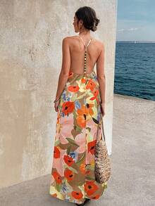 Standard Size Beaded Back Floral Print Slip Dress Party Summer Elegant - Multicolor - View 3