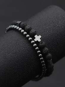 2pcs Men's Bracelet Set, Natural Agate, Hematite, Cross Beaded Bracelet, Featuring Natural Lava, Tiger Eye, Red Pine, Volcano Stone, Vintage Gentleman Style, Suitable For Daily Wear