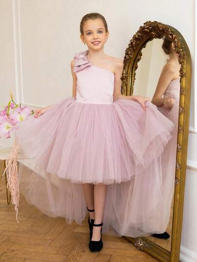 Tween Girl Elegant Bowknot Asymmetric Shoulder Backless Mesh Princess Dress, Suitable For Tween Girls Birthday Party, Prom, Masquerade Ball, Flower Girl, Bridesmaid, Wedding, Special Occasions And Festivals