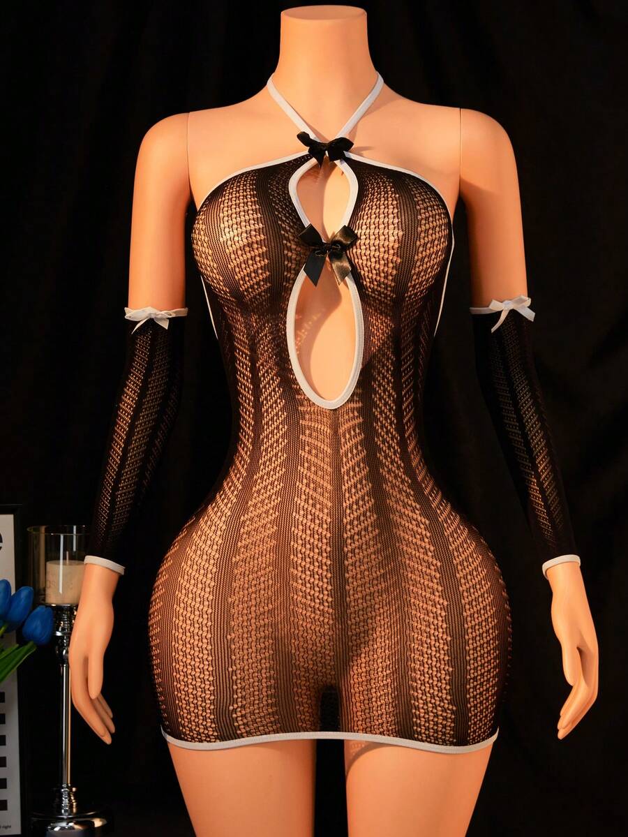 2 女士性感内衣，带蝴蝶结细节的透明网眼紧身衣 - 成人女士时尚性感内衣连衣裙 Exy 渔网裙娃娃装比基尼渔网罩衫