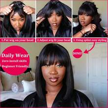 180% Density Short Bob Wig With Bangs Human Hair Upgraded Realistic Scalp 2x1 Lace Closure Wigs Straight Bob Human Hair Glueless Wigs Natural Color For Women Ready To Wear And Go - Natural Black - 查看 6