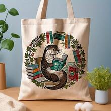 1pc Reading Books Canvas Tote Bag - Reusable Grocery Bags (13.8x15.8), Stylish & Durable Shopping Bag Daily Use, Commuting, School, High-Quality Material, Aesthetic Book Bag, Animal Lovers, Summer Reading Accessory, Lovers| Whimsical Design| Sturdy Handles, Reusable Grocery Bags