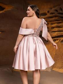 Faeriesty Curve Plus One-Shoulder Midi Party Dress With Large Bow, Sparkling Sequin From Chest To Waist & Adjustable Back Strap – Voluminous Sheer Skirt, Sleek Silhouette For Galas, Red-Carpet Events & Upscale Gatherings