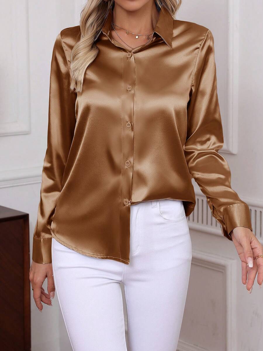 2026 New Elegant Solid Color Button-Down Long Sleeve Shirt, Classic Workwear Blouse For Women Spring - Coffee Brown - View 1