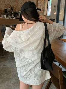 法式蕾丝拉链连帽薄款开衫，休闲轻薄长袖外套，适合春夏季 - 杏色 - 查看 3