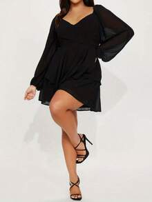 V-Neck Lantern Long-Sleeved Ruffle Strap Dress With Pants Skirt - Black - View 4
