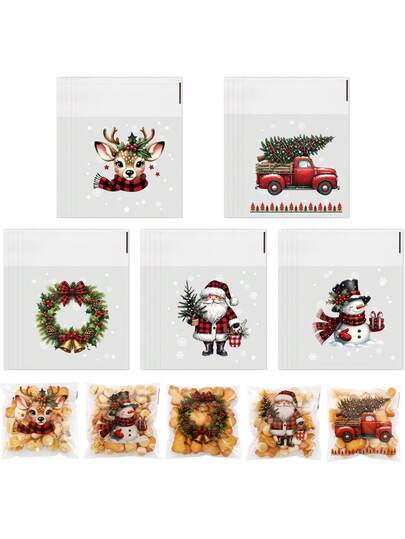 50 Peças Sacos de Doces Autoadesivos Transparentes de Natal, Sacos de Celofane para Lanches de Natal, Sacos de Presente de Natal, Sacos de Presente, Sacos de Doces para Biscoitos, Bolos, Embalagem de Chocolate, Suprimentos de Presente para Festa de Natal de Inverno