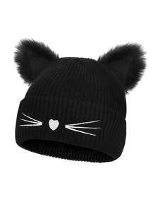Knitted Cat Ear Embroidered Beanie Hat, Cute & Warm Ski Cap For Autumn/Winter