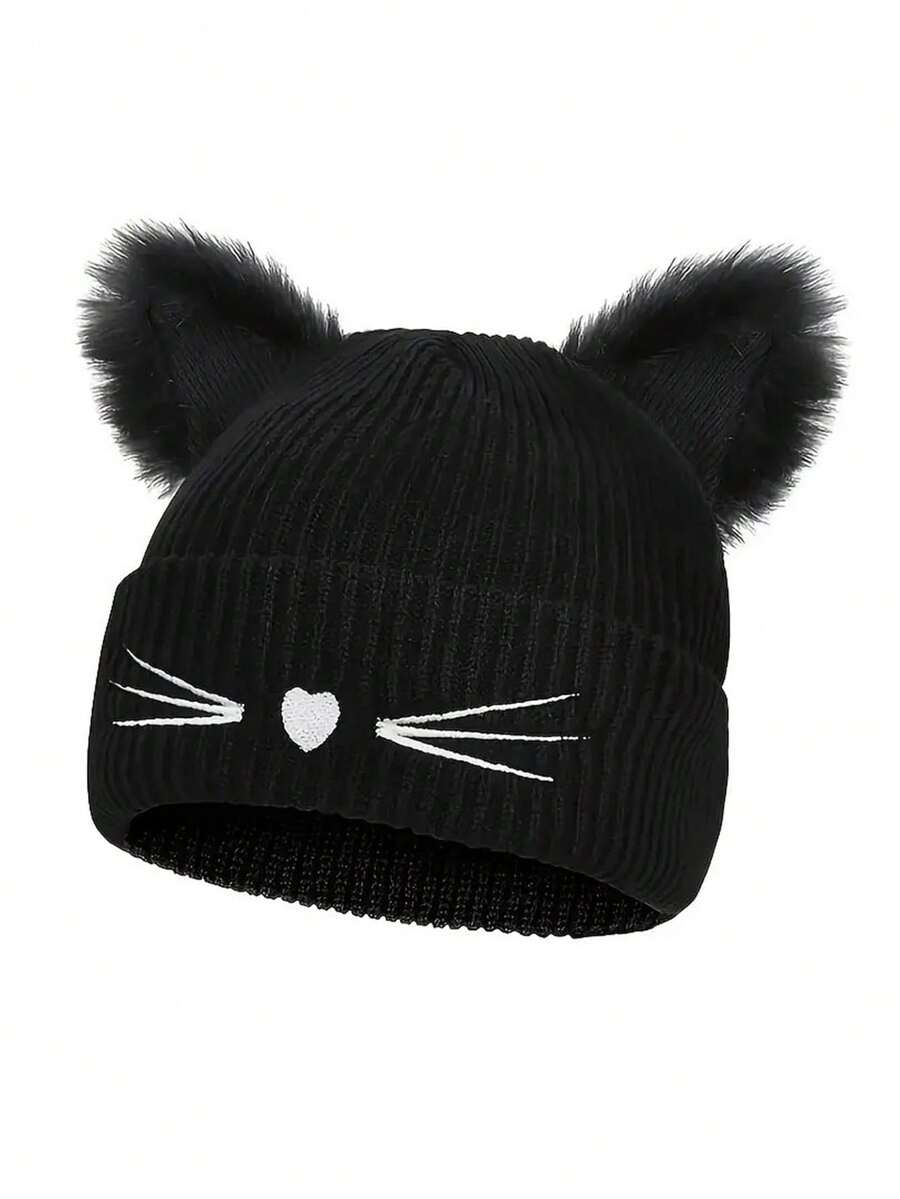 Knitted Cat Ear Embroidered Beanie Hat, Cute & Warm Ski Cap For Autumn/Winter