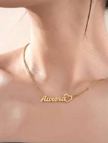 1件定制亮面哑光名字项链，魅力个性化不锈钢心形吊坠项链，适合女性、女孩、情侣、家人、生日、节日、圣诞节礼物，金色，时尚，复古，简约，男女皆宜，休闲